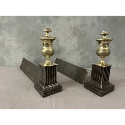 Pair of antique cast iron and brass andirons from the 19th century