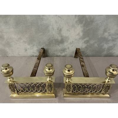 Beautiful small antique andirons from the Directoire period in bronze and brass