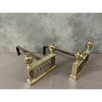 Beautiful small antique andirons from the Directoire period in bronze and brass