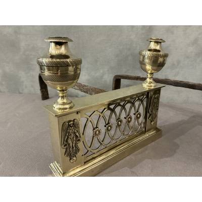 Beautiful small antique andirons from the Directoire period in bronze and brass