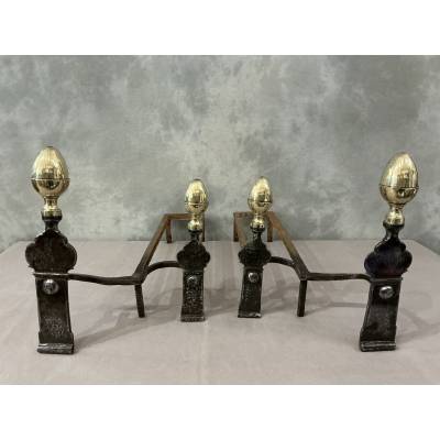 Beautiful pair of 18th-century iron and brass andirons
