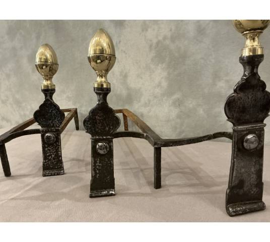 Beautiful pair of 18th-century iron and brass andirons