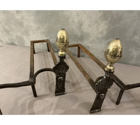 Beautiful pair of 18th-century iron and brass andirons