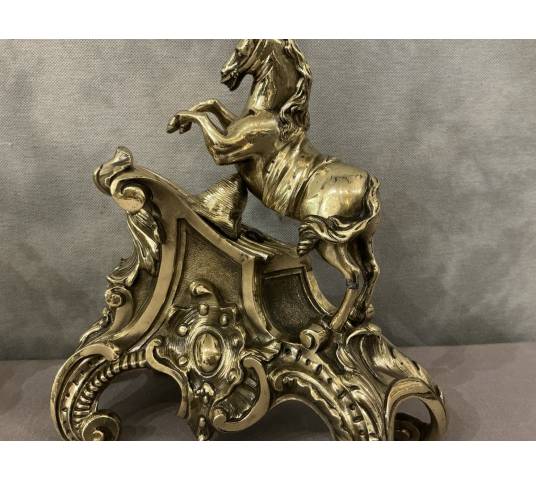 Exquisite antique bronze andirons depicting horses from the 19th century