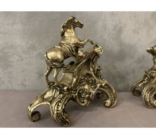 Ravissants chenets anciens en bronze représentant des chevaux d'époque 19 ème
