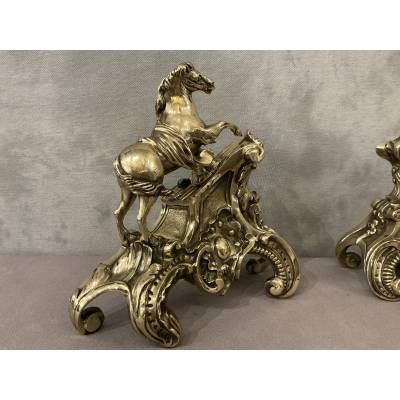 Exquisite antique bronze andirons depicting horses from the 19th century