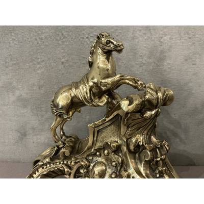 Exquisite antique bronze andirons depicting horses from the 19th century