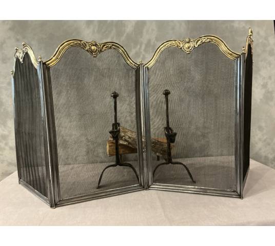 Pare feu de cheminée ancien en fer et laiton d'époque 19 ème