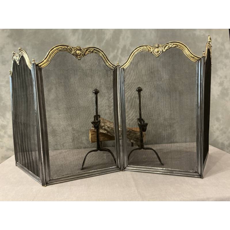Antique 19th-century iron and brass fireplace screen