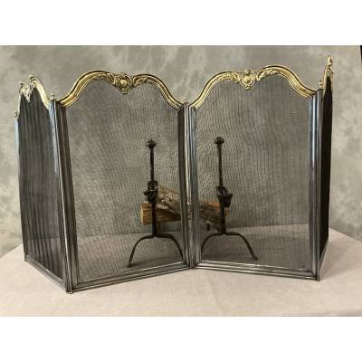 Pare feu de cheminée ancien en fer et laiton d'époque 19 ème