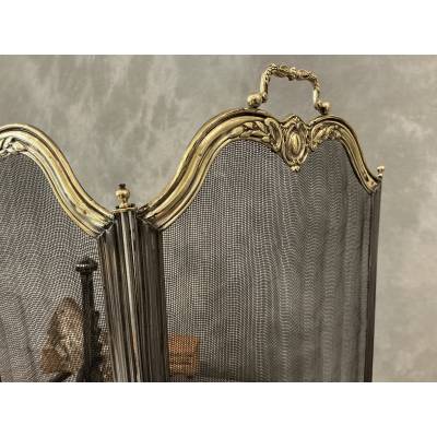 Pare feu de cheminée ancien en fer et laiton d'époque 19 ème