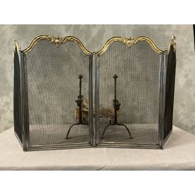 Antique 19th-century iron and brass fireplace screen
