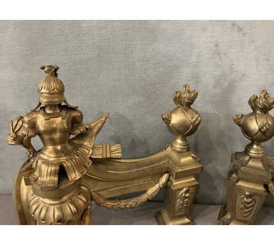 Paire de chenets en bronze doré d'époque fin 18 ème