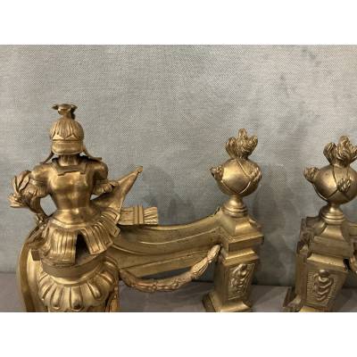 Paire de chenets en bronze doré d'époque fin 18 ème