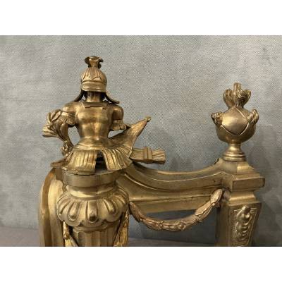 Paire de chenets en bronze doré d'époque fin 18 ème