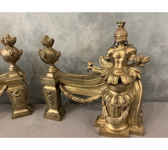 Paire de chenets en bronze doré d'époque fin 18 ème