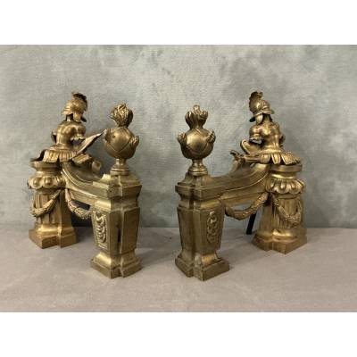 Paire de chenets en bronze doré d'époque fin 18 ème