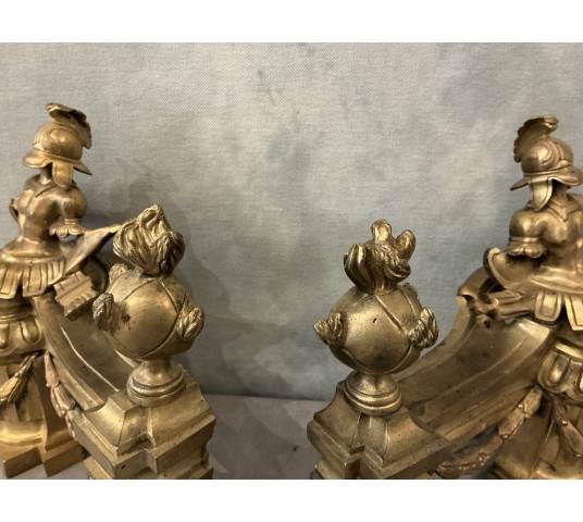 Paire de chenets en bronze doré d'époque fin 18 ème