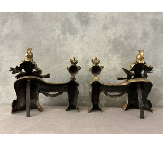 Paire de chenets en bronze doré d'époque fin 18 ème