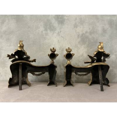 Paire de chenets en bronze doré d'époque fin 18 ème