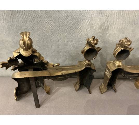 Paire de chenets en bronze doré d'époque fin 18 ème