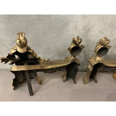 Paire de chenets en bronze doré d'époque fin 18 ème