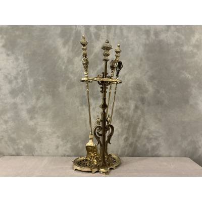 Beau serviteur de cheminée en bronze et laiton d'époque 19 ème