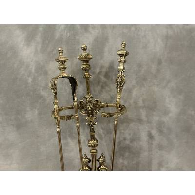 Beau serviteur de cheminée en bronze et laiton d'époque 19 ème