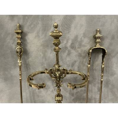 Beautiful 19th-century bronze and brass fireplace set