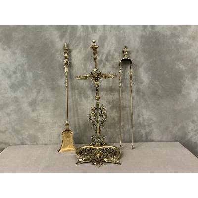 Beau serviteur de cheminée en bronze et laiton d'époque 19 ème