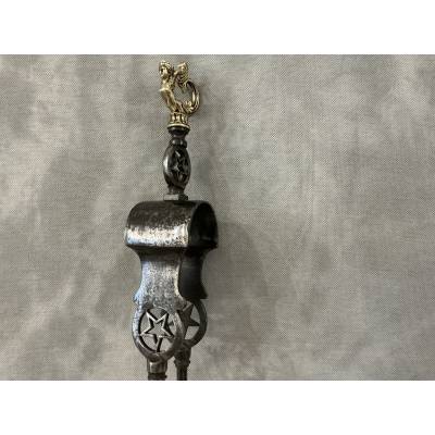 Beautiful large iron and bronze tongs from the 19th-century Directoire period