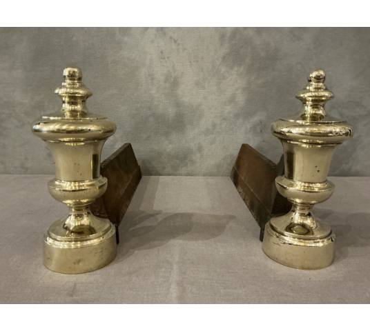 Pair of antique cast iron and brass andirons from the 19th century