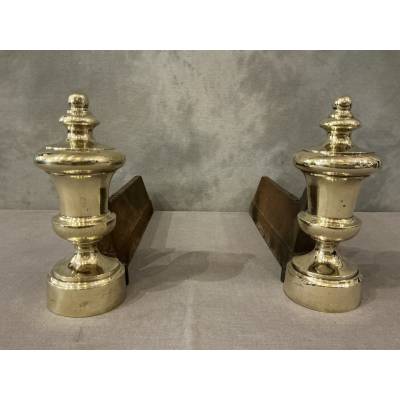 Pair of antique cast iron and brass andirons from the 19th century