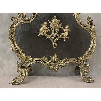Polished and varnished bronze fireplace screen from the 19th century