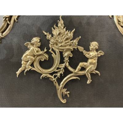 Ecran de cheminée en bronze poli et vernis d'époque 19 ème