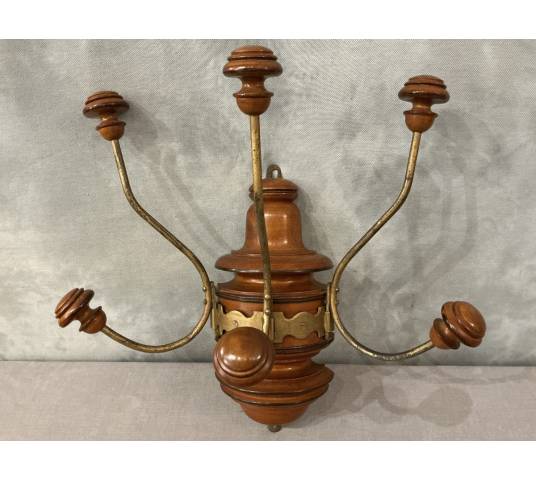 Coat rack, wooden and gilded iron hooks circa 1900