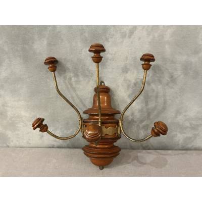 Coat rack, wooden and gilded iron hooks circa 1900