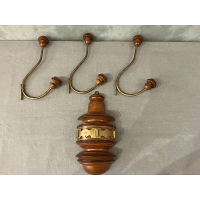 Coat rack, wooden and gilded iron hooks circa 1900