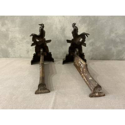 Pair of antique 19th-century cast iron and bronze andirons with roosters