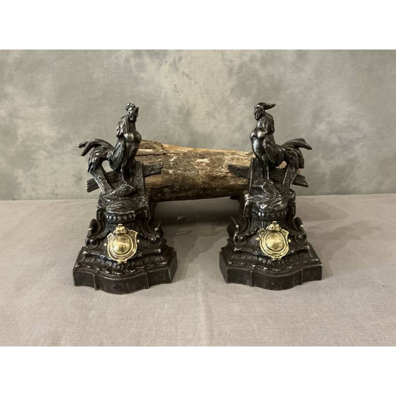Pair of antique 19th-century cast iron and bronze andirons with roosters