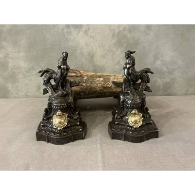 Pair of antique 19th-century cast iron and bronze andirons with roosters