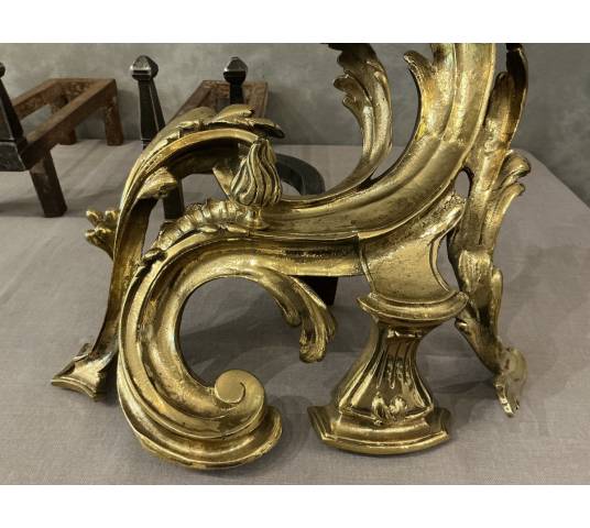 Paire de chenets anciens en bronze d'époque 19 ème de style Louis XV