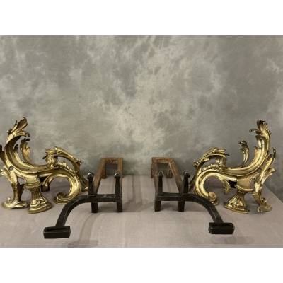 Paire de chenets anciens en bronze d'époque 19 ème de style Louis XV