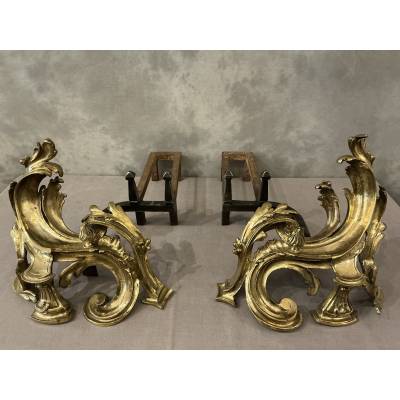 Paire de chenets anciens en bronze d'époque 19 ème de style Louis XV