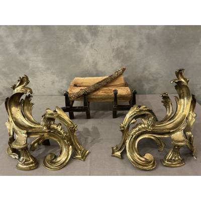 Paire de chenets anciens en bronze d'époque 19 ème de style Louis XV