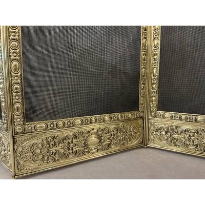 Pare feu de cheminée ancien en laiton pressé d'époque 19 ème