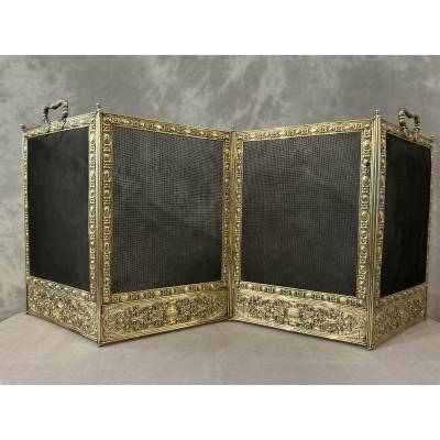 Pare feu de cheminée ancien en laiton pressé d'époque 19 ème