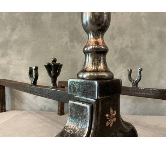Beautiful antique wrought iron and copper andirons from the 18th century