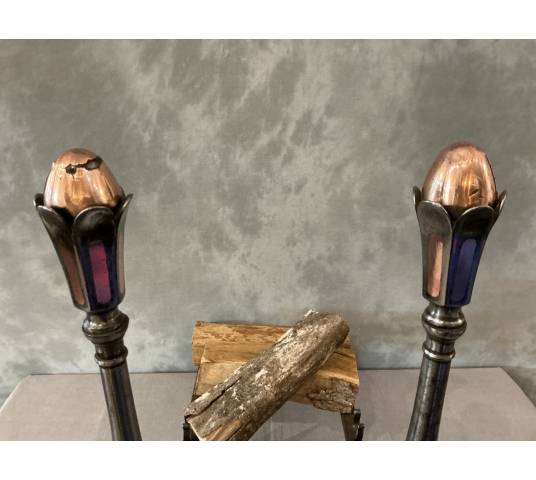 Beaux chenets anciens en fer forgé et cuivre d'époque 18 ème