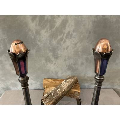 Beautiful antique wrought iron and copper andirons from the 18th century